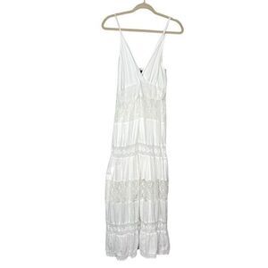 Just Love Maxi Dress Womens Medium White Tiered Lace Crochet Vintage V-Neck Boho